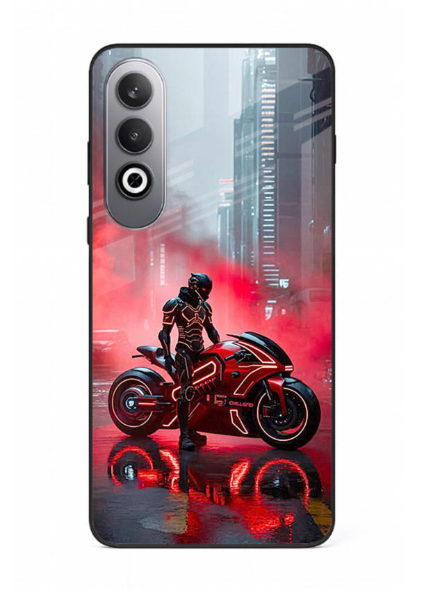 Red sport bike rider artwork on tempered glass OnePlus Nord CE4 back cover