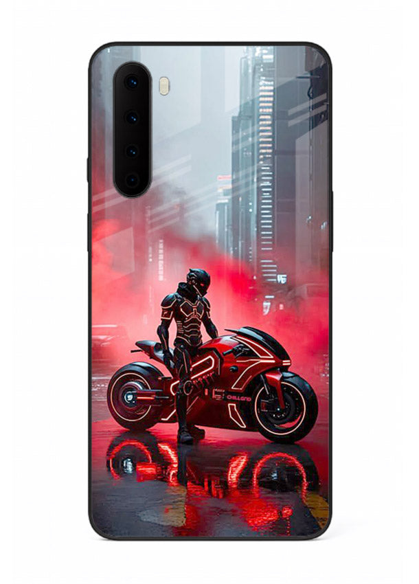 Red sport bike rider artwork on tempered glass OnePlus Nord back cover