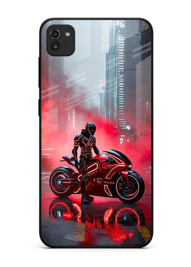 Red sport bike rider artwork on tempered glass Samsung A03 back cover