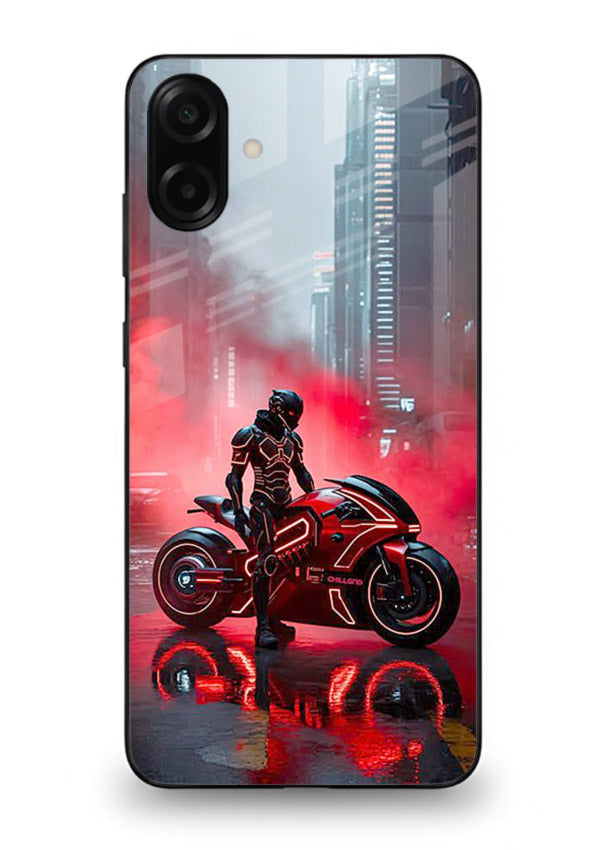 Red sport bike rider artwork on tempered glass Samsung M13 5G back cover