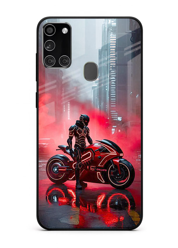 Red sport bike rider artwork on tempered glass Samsung A21s back cover