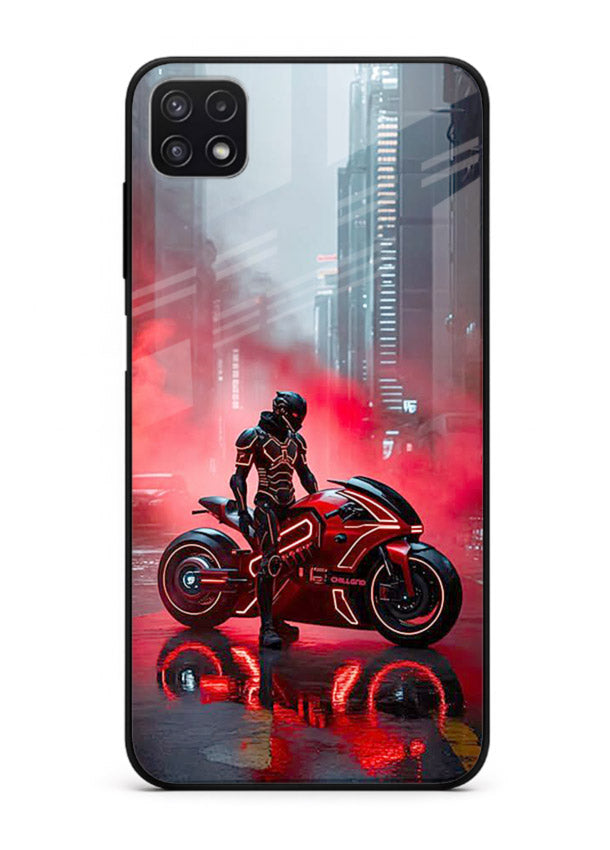 Red sport bike rider artwork on tempered glass Samsung F42 5G back cover