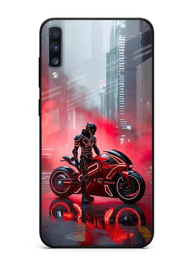 Red sport bike rider artwork on tempered glass Samsung A70 back cover