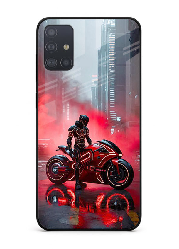 Red sport bike rider artwork on tempered glass Samsung A51 back cover