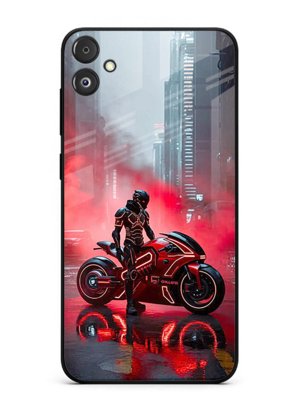 Red sport bike rider artwork on tempered glass Samsung F14 5G back cover