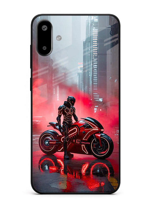 Red sport bike rider artwork on tempered glass Samsung F06 5G back cover