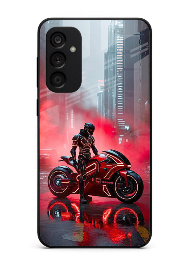 Red sport bike rider artwork on tempered glass Samsung F23 5G back cover