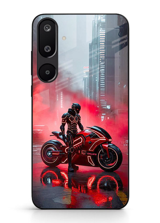 Red sport bike rider artwork on tempered glass Samsung F16 5G back cover