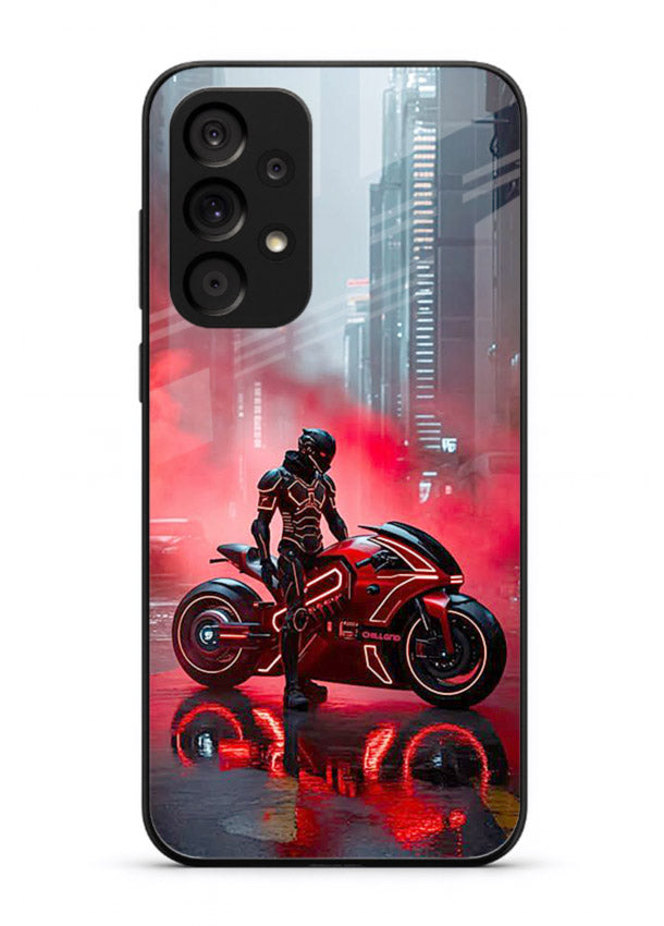 Red sport bike rider artwork on tempered glass Samsung A73 5G back cover