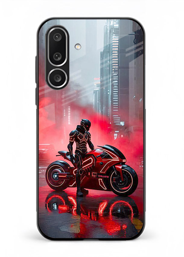 Red sport bike rider artwork on tempered glass Samsung M36 5G back cover