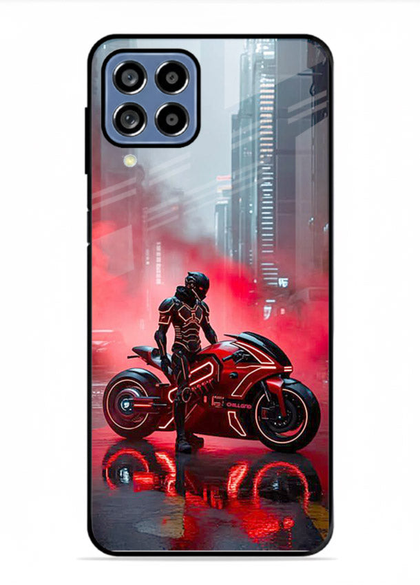 Red sport bike rider artwork on tempered glass Samsung A22 4G back cover