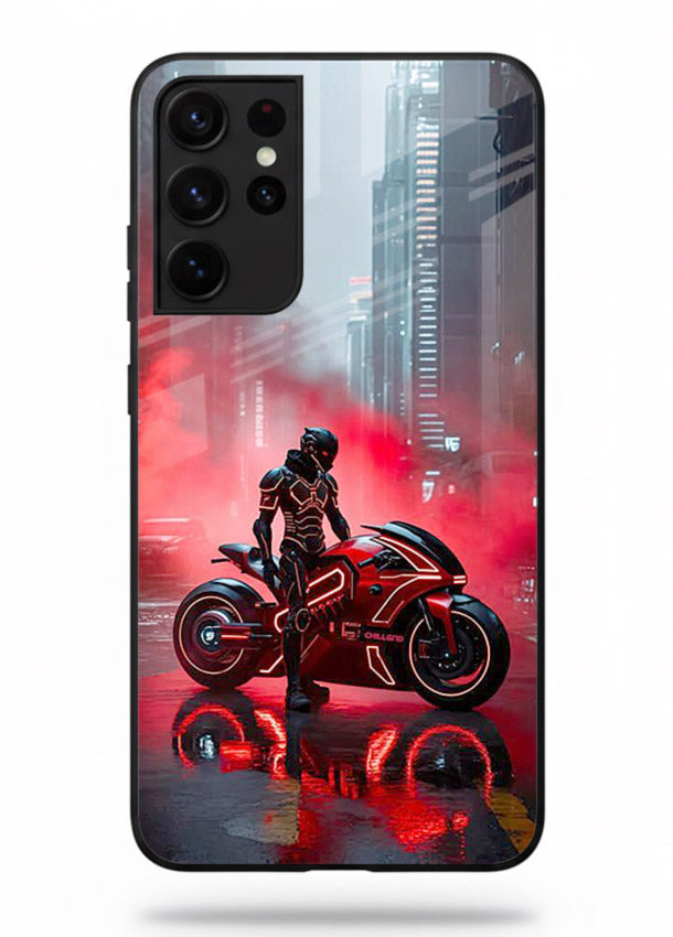 Red sport bike rider artwork on tempered glass Samsung S21 Ultra back cover