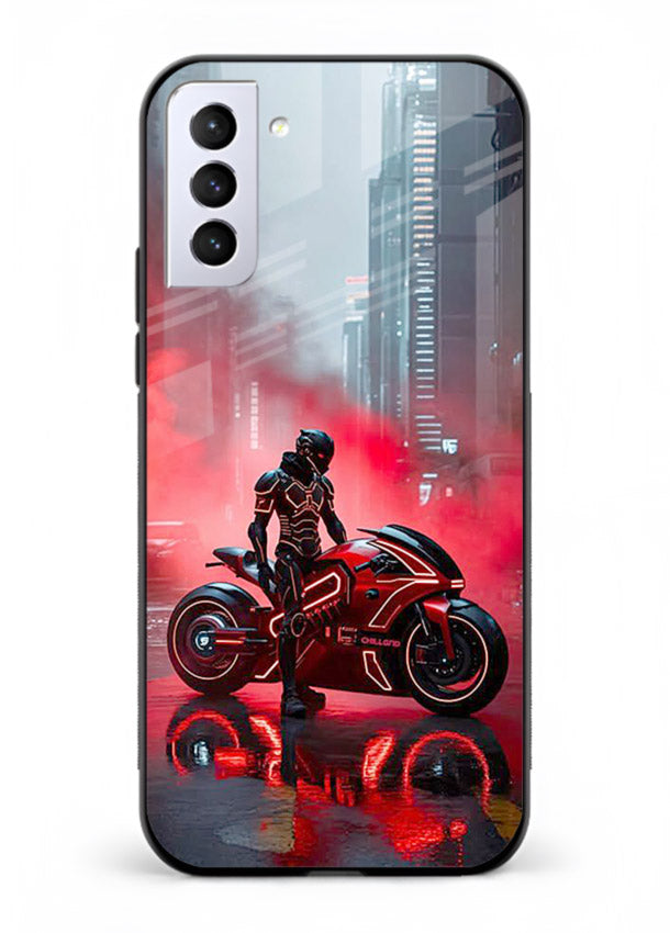 Red sport bike rider artwork on tempered glass Samsung S21 FE back cover