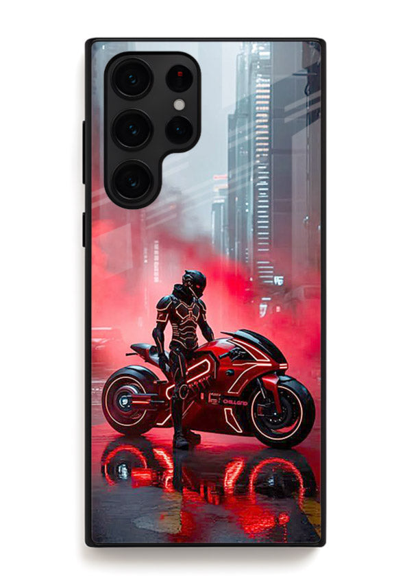 Red sport bike rider artwork on tempered glass Samsung S25 Ultra back cover