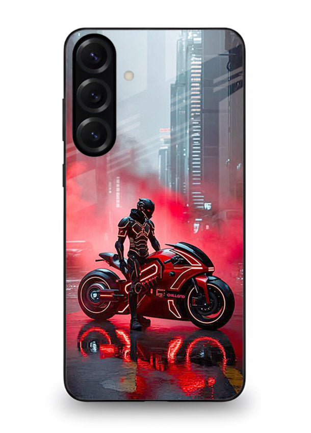 Red sport bike rider artwork on tempered glass Samsung M35 5G back cover