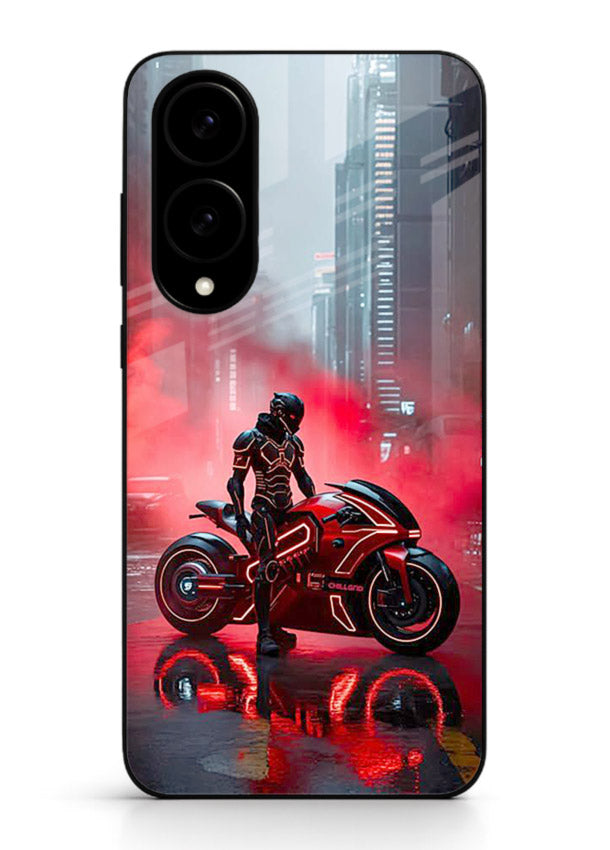 Red sport bike rider artwork on tempered glass Samsung S25 Edge back cover