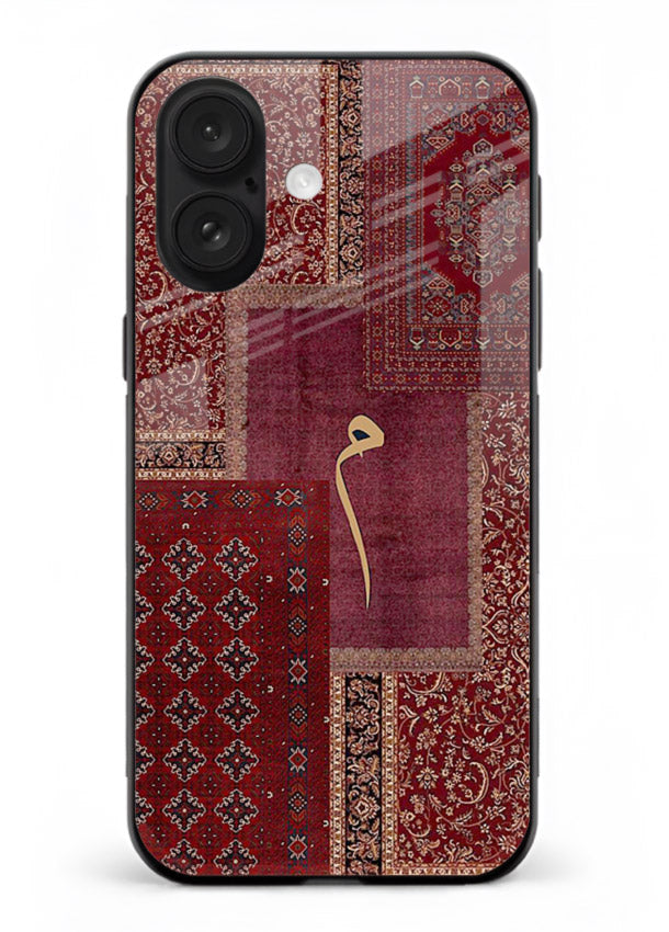 Red tapestry patchwork artwork printed on glossy tempered glass iPhone 16 Plus back cover
