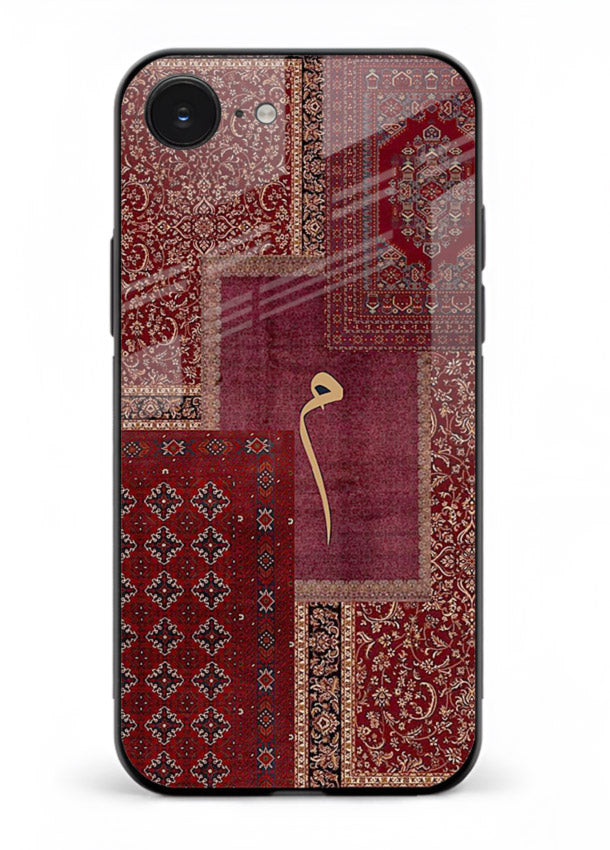 Red tapestry patchwork artwork printed on glossy tempered glass iPhone 16E back cover