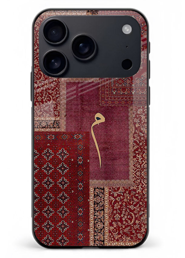 Red tapestry patchwork artwork printed on glossy tempered glass iPhone 17 Pro Max back cover
