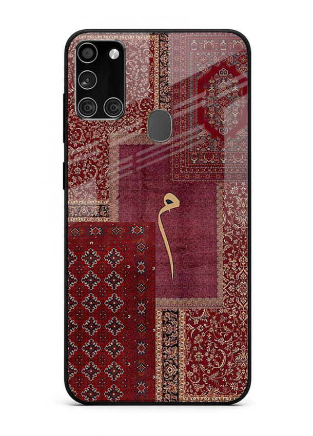 Red tapestry patchwork artwork printed on glossy tempered glass Samsung A21s back cover