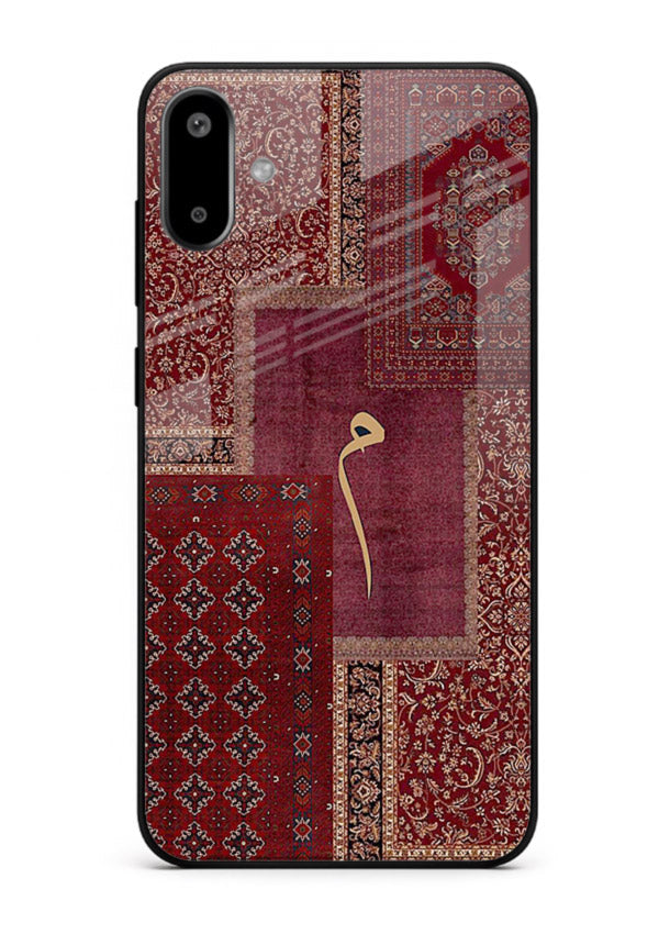 Red tapestry patchwork artwork printed on glossy tempered glass Samsung F06 5G back cover