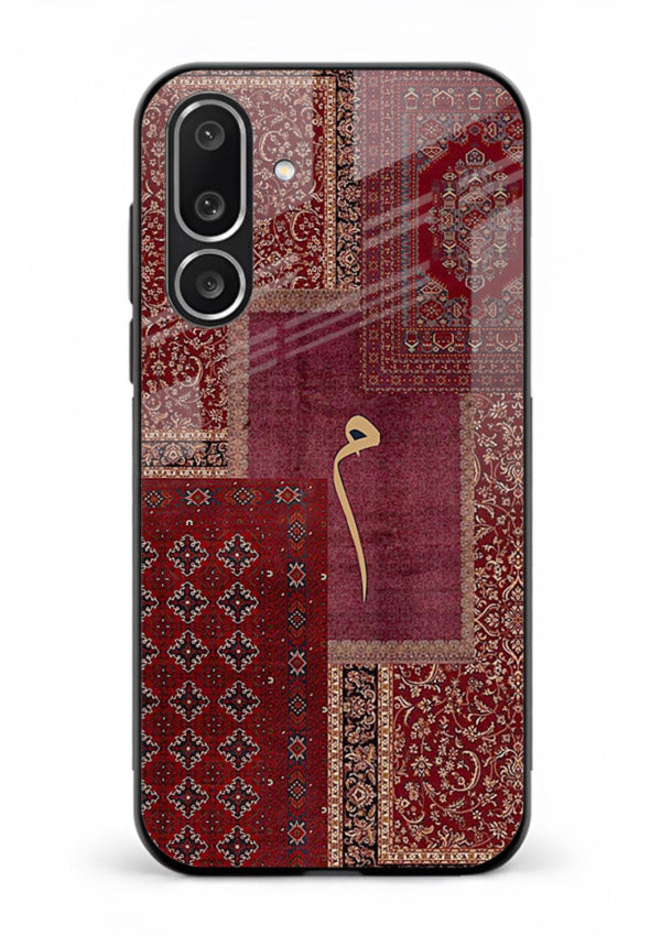 Red tapestry patchwork artwork printed on glossy tempered glass Samsung M36 5G back cover