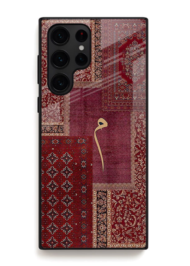 Red tapestry patchwork artwork printed on glossy tempered glass Samsung S22 Ultra back cover