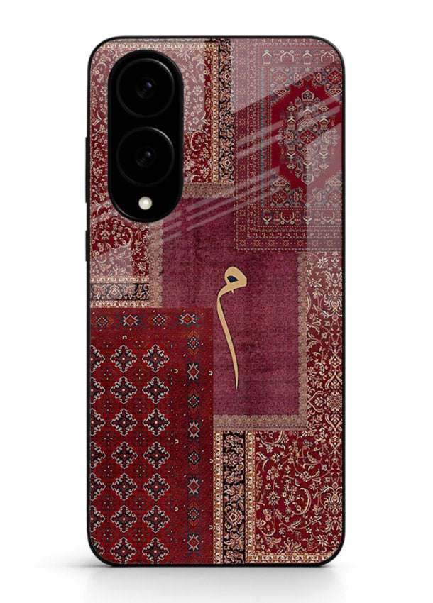 Red tapestry patchwork artwork printed on glossy tempered glass Samsung S25 Edge back cover
