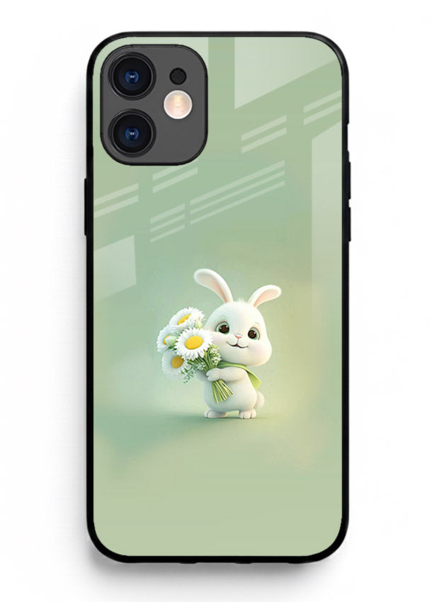 Pastel bunny artwork on iphone 12 mini glass back cover with playful soft floral details.