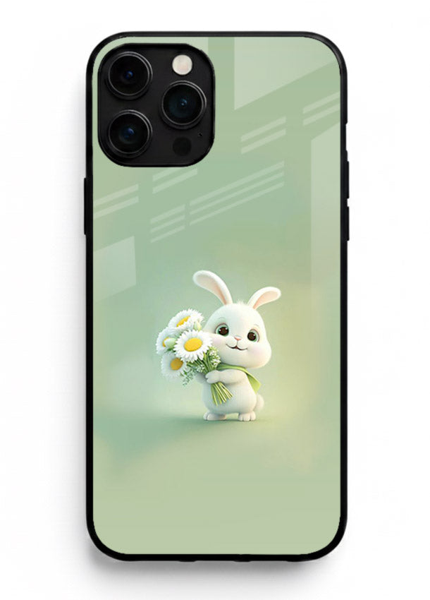 Pastel bunny artwork on iphone 11 pro max glass back cover with playful soft floral details.