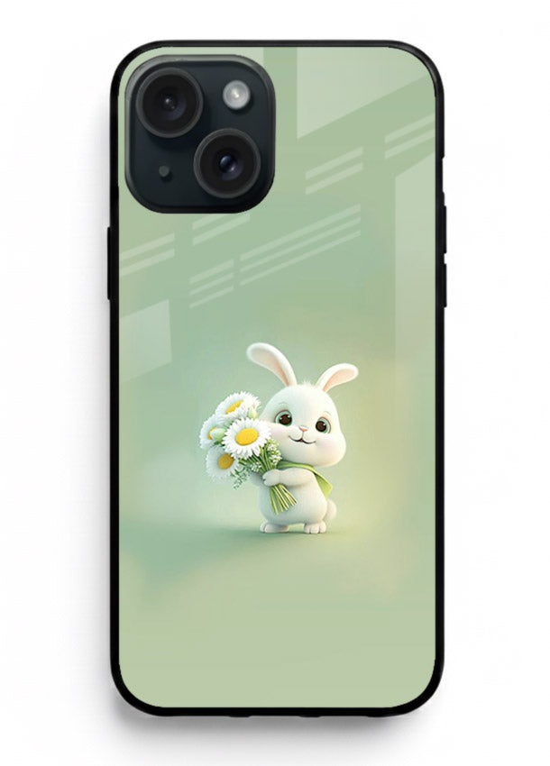 Pastel bunny artwork on iphone 13 mini glass back cover with playful soft floral details.