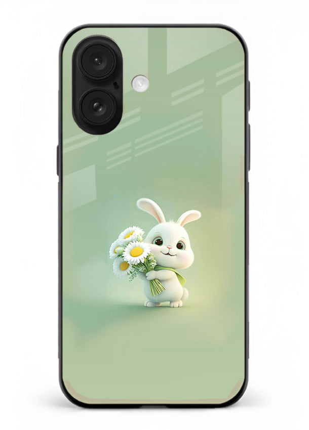 Pastel bunny artwork on iphone 18 glass back cover with playful soft floral details.