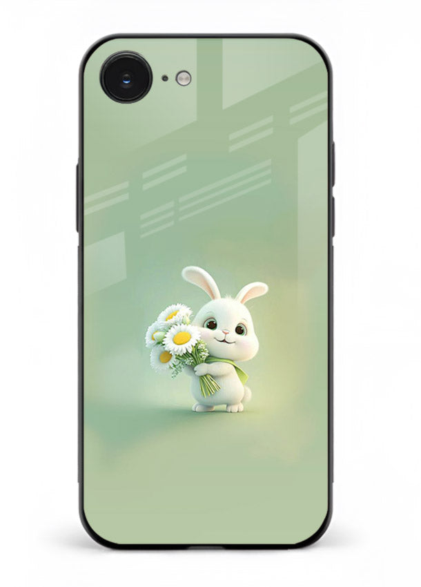 Pastel bunny artwork on iphone 16e glass back cover with playful soft floral details.