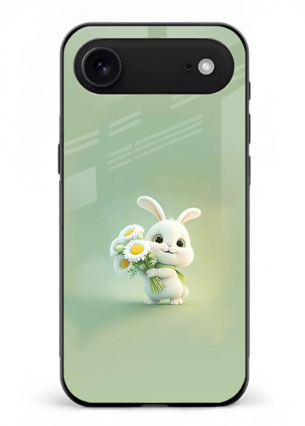 Pastel bunny artwork on iphone 18 air glass back cover with playful soft floral details.