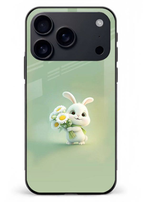 Pastel bunny artwork on iphone 17 pro max glass back cover with playful soft floral details.