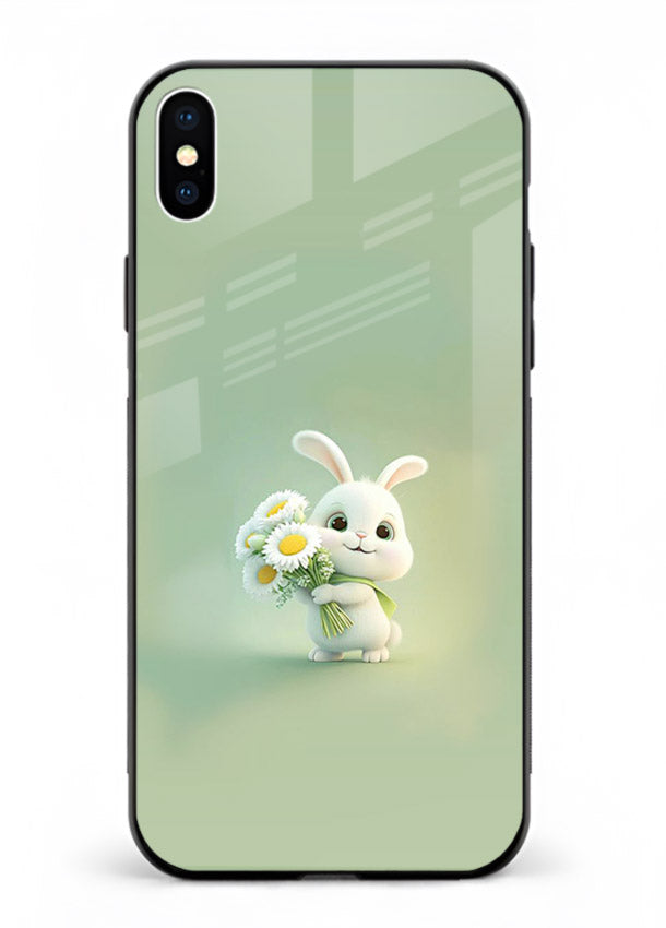 Pastel bunny artwork on iphone xs max glass back cover with playful soft floral details.