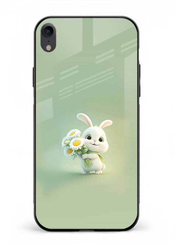 Pastel bunny artwork on iphone xr glass back cover with playful soft floral details.