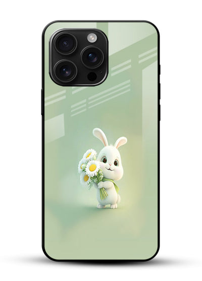 Pastel bunny artwork on glossy vibrant premium glass back cover with playful soft floral details. - Angle Front