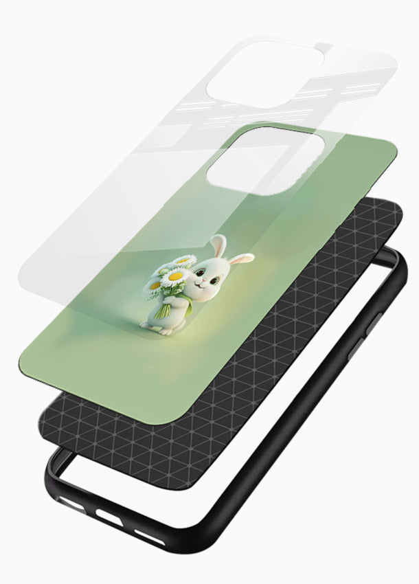 Pastel bunny artwork on glossy vibrant premium glass back cover with playful soft floral details. - Angle Layers