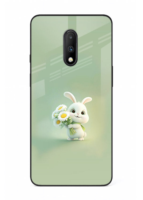 Pastel bunny artwork on OnePlus 7 glass back cover with playful soft floral details.