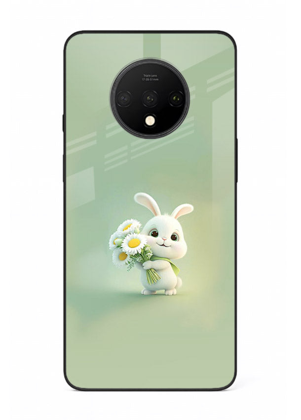 Pastel bunny artwork on OnePlus 7T glass back cover with playful soft floral details.