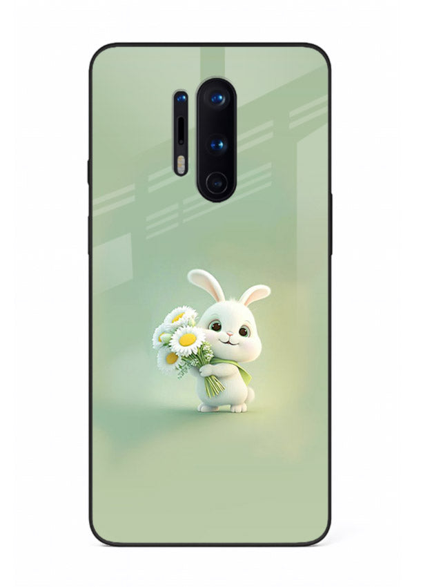 Pastel bunny artwork on OnePlus 8 Pro glass back cover with playful soft floral details.