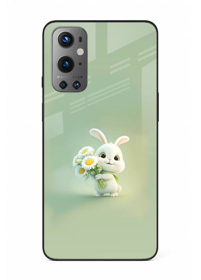 Pastel bunny artwork on OnePlus 9 glass back cover with playful soft floral details.