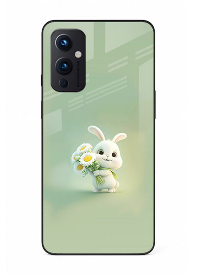 Pastel bunny artwork on OnePlus 9 Pro glass back cover with playful soft floral details.