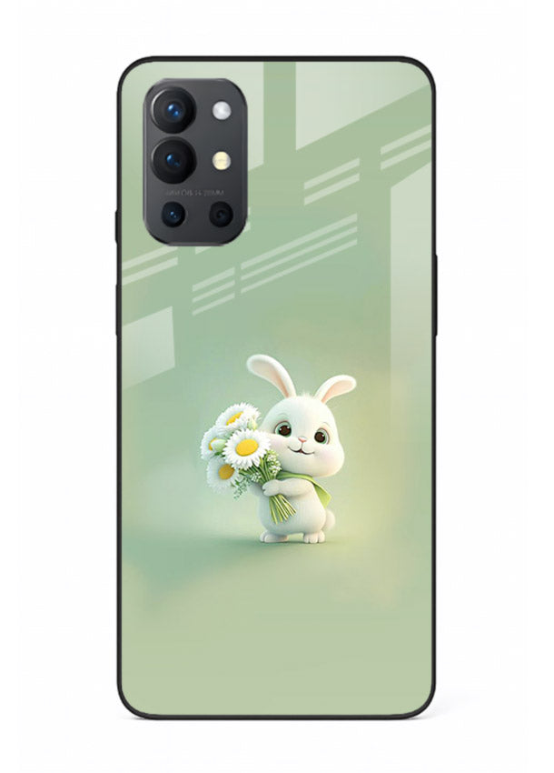 Pastel bunny artwork on OnePlus 9R glass back cover with playful soft floral details.