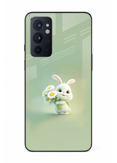Pastel bunny artwork on OnePlus 9RT glass back cover with playful soft floral details.