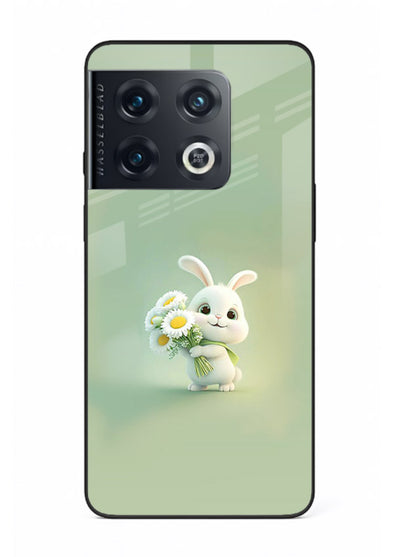 Pastel bunny artwork on OnePlus 10 Pro glass back cover with playful soft floral details.