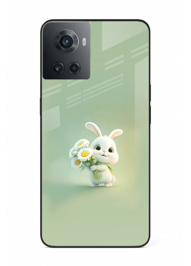 Pastel bunny artwork on OnePlus 10R glass back cover with playful soft floral details.