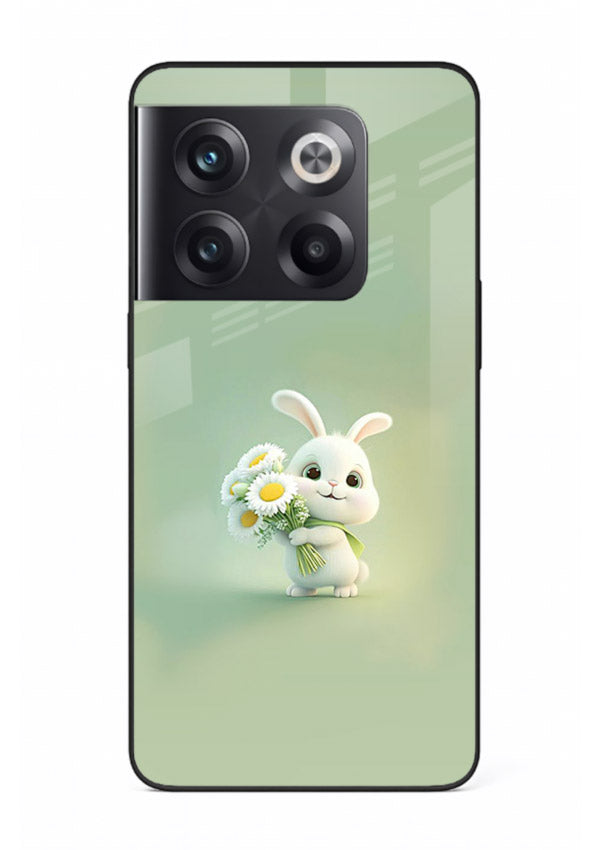 Pastel bunny artwork on OnePlus 10T glass back cover with playful soft floral details.