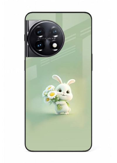 Pastel bunny artwork on OnePlus 11 glass back cover with playful soft floral details.